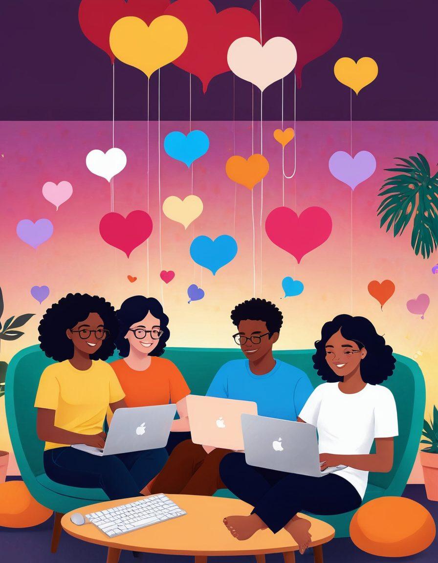 A whimsical illustration depicting a diverse group of people engaged in virtual meetings on their laptops, surrounded by floating hearts and chat bubbles representing emotional connections. Capture a mix of joy and intimacy, showcasing cultural diversity with various backgrounds and styles. The setting should blend a cozy home interior with elements of digital technology, like glowing screens and emoticons. Use vibrant colors to evoke warmth and love. digital art. vibrant colors. cozy ambiance.