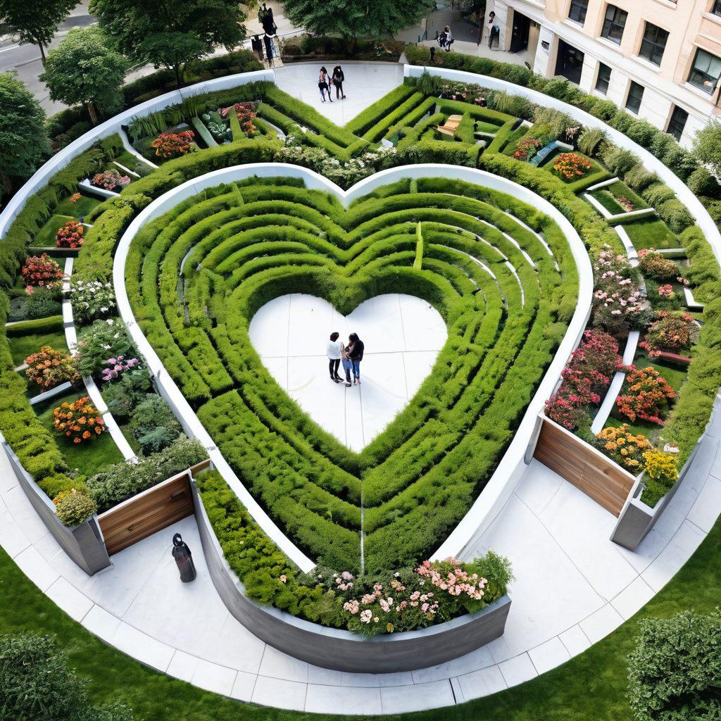 A heart-shaped labyrinth symbolizing love with diverse couples navigating through it, showcasing various modern dating scenarios like texting, video calls, and casual dates, surrounded by vibrant cityscapes and soft natural elements. The colors are warm and inviting, creating an atmosphere of connection and intimacy. super-realistic. vibrant colors. white background.