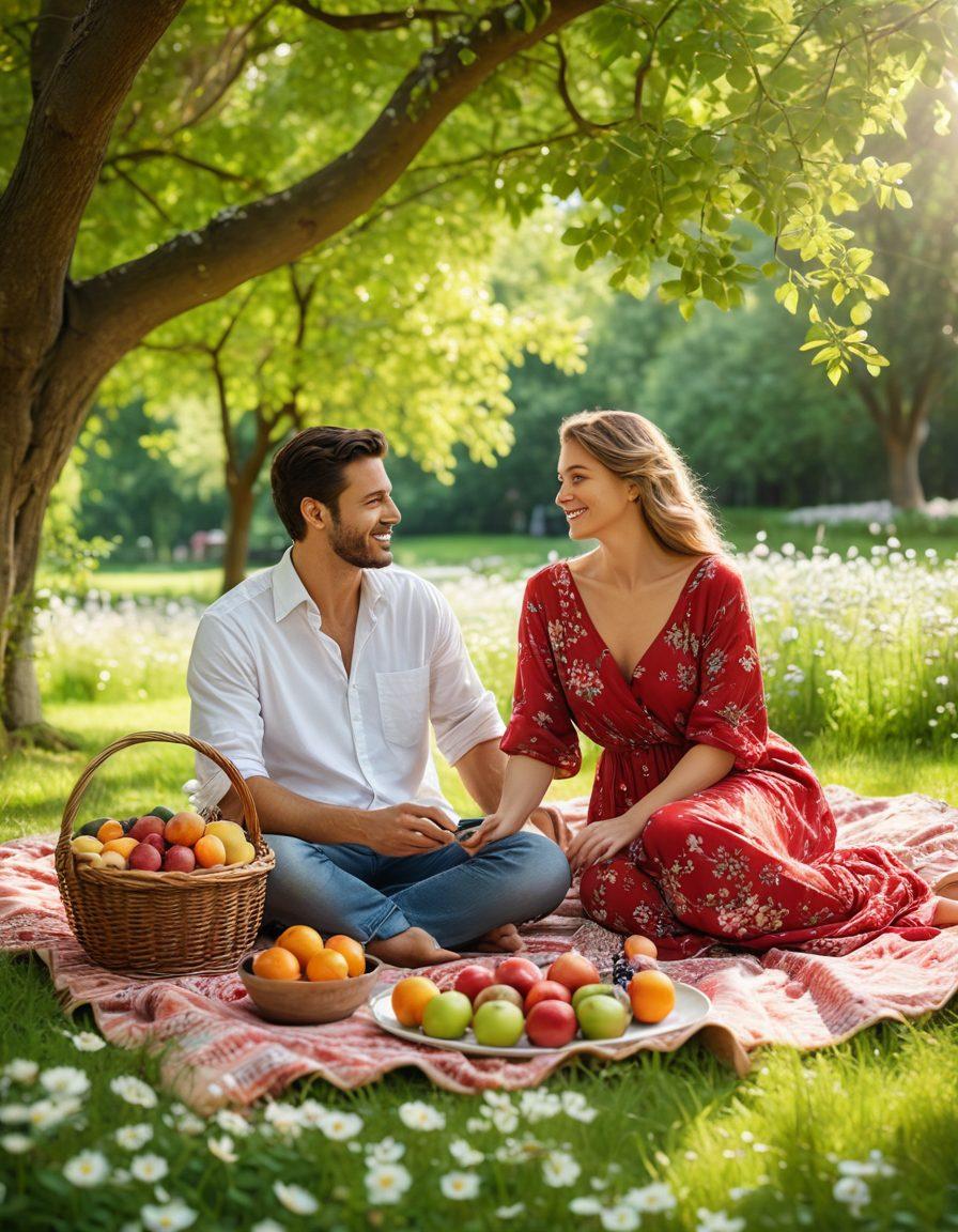 A serene couple enjoying a romantic picnic in a lush green park, surrounded by blooming flowers and soft sunlight filtering through the trees. They are engaged in a heartfelt conversation, sitting on a cozy blanket with a basket of fruits and wine nearby, symbolizing connection and intimacy. The atmosphere is warm and inviting, conveying the essence of love and companionship. vibrant colors. super-realistic. peaceful background.